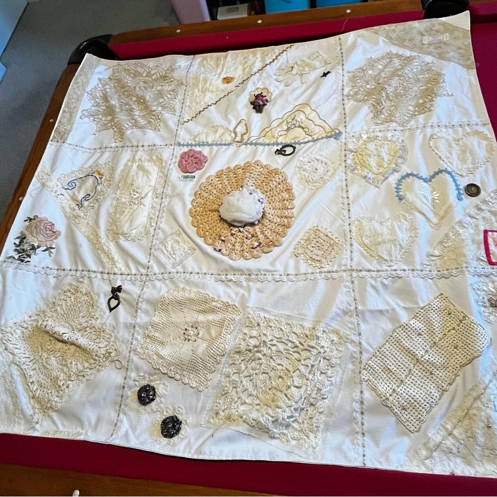 Handcrafted Patchwork Quilt with Lace and Embroidery